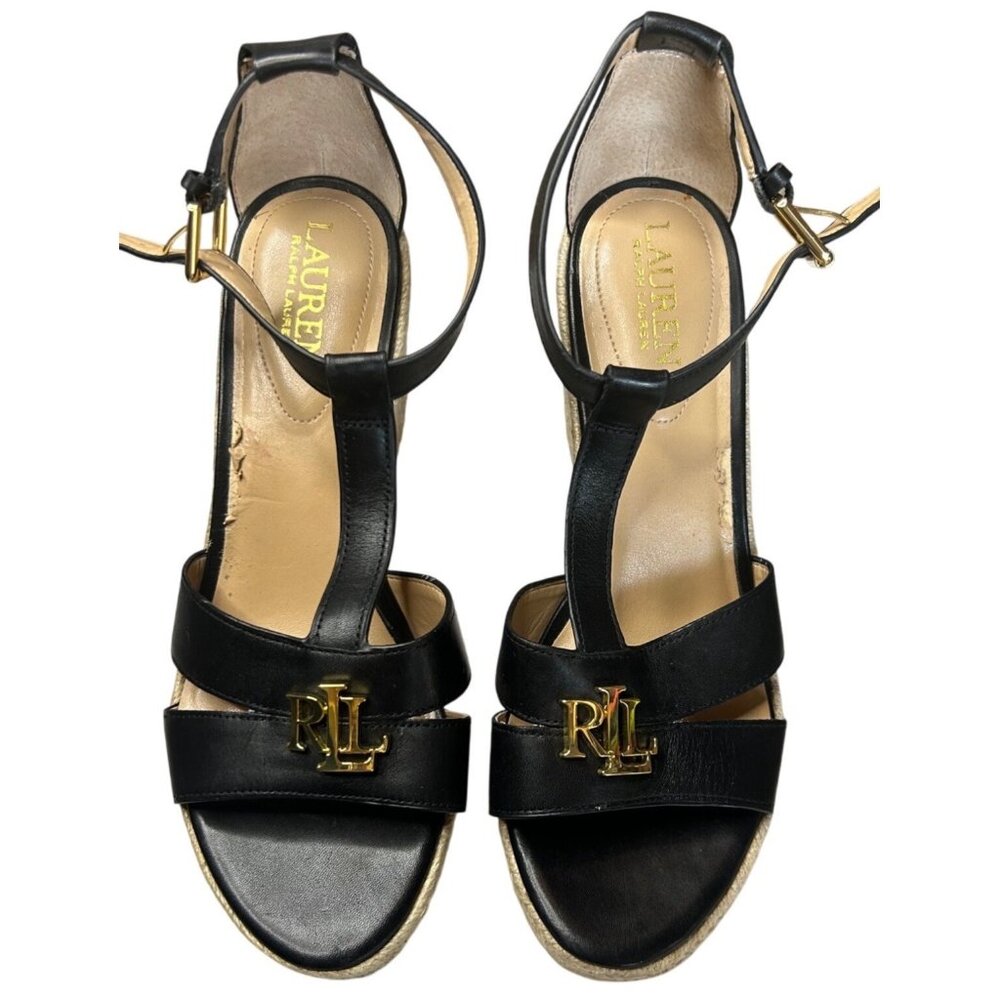 Ralph Lauren Hale Black Leather Espadrille Wedge Sandals Size 8.5 Buckle LRL - Picture 5 of 10